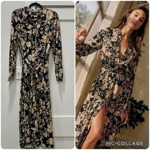 Sezane Black and Tan Floral Midi Dress